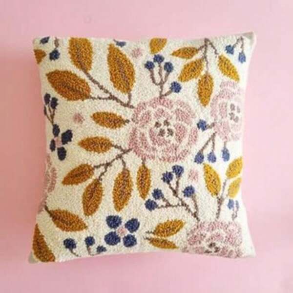 Mixed Color Floral Latch Hook Kit, DIY Canvas Embroidery Pillow Cover, Plant Flower Leaves Print, All Seasons Home Sofa Decor, Christmas Decoration Needlework