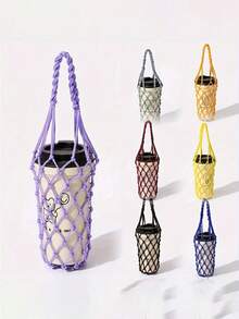 Ręcznie robiona dzianinowa torba na kubki - uniwersalny izolowany pokrowiec na napoje - ochronna siatka na szklanki i butelki z wodą - przenośny, lekki, siatkowy uchwyt na napoje - Wielokolorowe - Zobacz 2