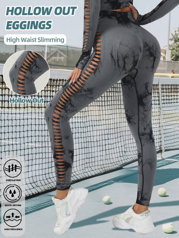 Leggings de sport ajourés tie-dye pour femme, pantalon de yoga sans couture taille haute pour l'extérieur