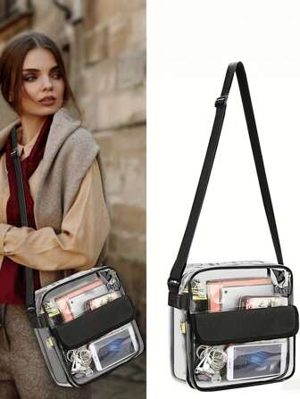 透明 PVC 斜挎包，多功能透明单肩包，配有可调节肩带和拉链开合，适合户外运动和海滩使用