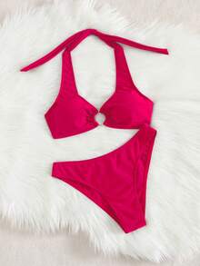 Bộ bikini 2 mảnh thanh lịch mới mùa hè 2026 dành cho nữ, thích hợp cho kỳ nghỉ hè, lễ tình nhân, lễ hội âm nhạc, đồ bơi liền thân màu trơn co giãn. - Màu Hồng Tươi - Xem 5