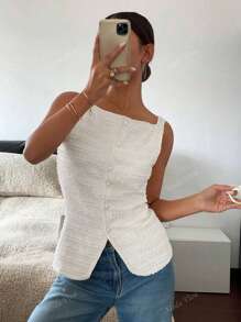 Elegante camisa sin mangas con cuello cuadrado para mujer, elegantes rayas onduladas, chaleco blanco, chaqueta premium, camisa de oficina para mujer