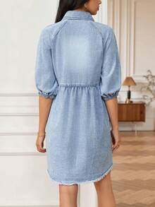 Women's Fashionable Casual Light Blue Washed Snowflake Pattern Denim Dress With Short Sleeves, Elastic Cuffs And Frayed Hem - Light Wash - View 3