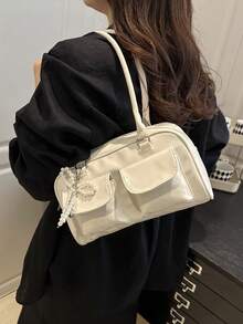 1pc Vintage Minimalist Zipper Tote Bag, Decorated With Pockets, Dual Handles, Suitable For Women's Casual And Commuting Daily Use - White - View 2