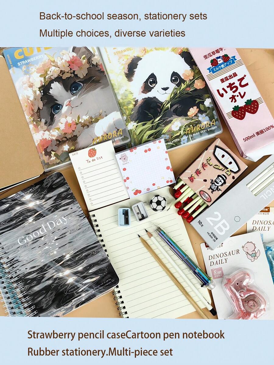 Ensemble de papeterie, comprenant étui à crayon fraise, boîte à stylos, bloc-notes ligné, notes adhésives, stylos à bille, crayons, cahier de composition, journal de bandes dessinées, gomme football. Convient pour le bureau, les fournitures scolaires, la rentrée des classes, pour les garçons et les filles, coffret aveugle multi-pièces