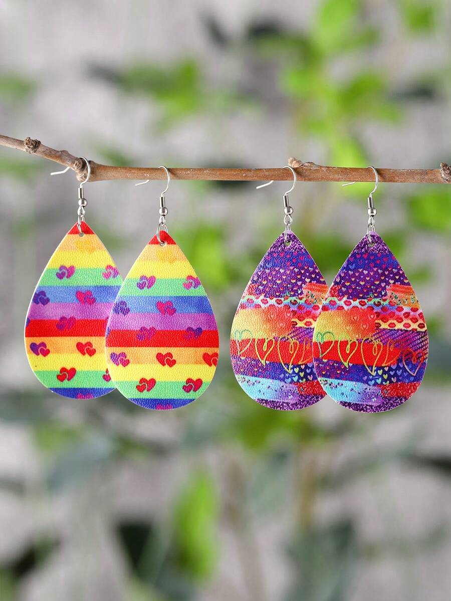 1 Paar Vintage Pride Month bunte gestreifte Herz bemalte Hänge-Ohrringe, Pride Month Geschenkartikel, LGBT Party, Parade, Festtags-Schmuckgeschenk aus Polyurethan, zweiseitig