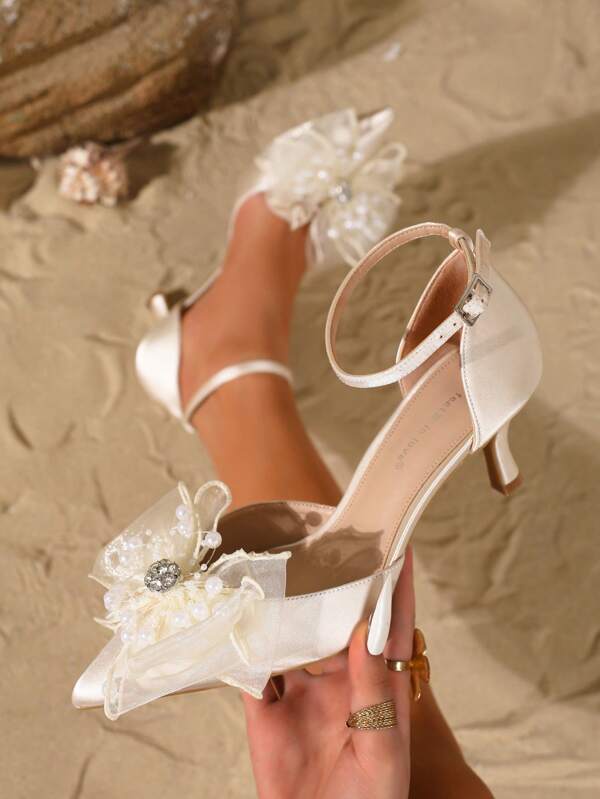 Spitz zulaufende Damen Peep Zehen Sandalen, neuer Feenartiger Sommerstil zu Kleidern, Plateau-Absätze mit Kunstperlen und Kristallen