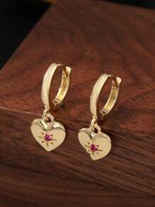 1 Pair Elegant & Fashionable Copper Micro-Inlaid Pink Cubic Zirconia Heart Pendant Earrings, Versatile Sweet Gift For Women, Valentine's Day
