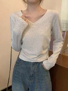 2025 新款 V 领长袖修身 T 恤，女士分层上衣，春秋季