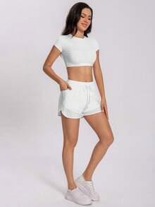 3pc/2pc/1pc 2 In 1 Women's Outdoor Sports Shorts, Spring And Summer Portable Mesh Double Pocket Women's Casual Shorts, Suitable For Gym, Outdoor Cycling, Hiking, Women's Shorts, High Quality Choice - 白色 - 查看 2