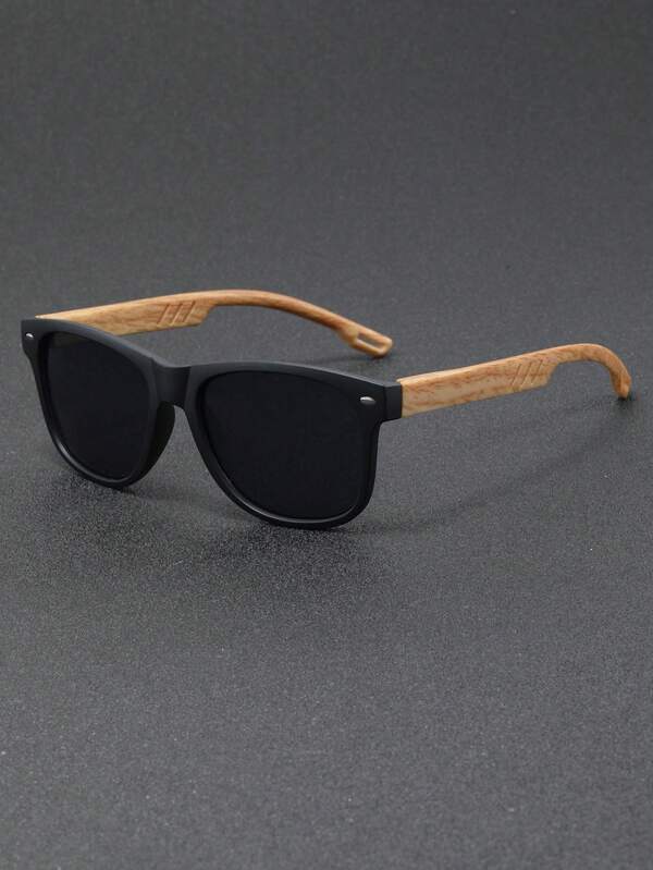 1pc 2025 New Fashion Men's Square Rivet Wooden Grain Retro Casual Eyeglasses, Versatile For Daily, Outdoor, Street, Party, Summer