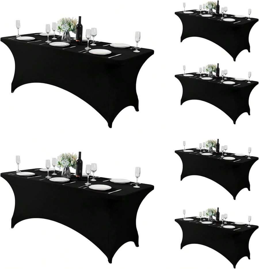 6 Pack Spandex Table Cover For 6FT Table Universal Fitted Stretch Tablecloth For Party, Banquet, Wedding And Events-Black - 黑與白 - 查看 1