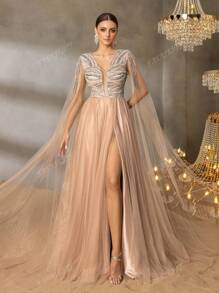 Faeriesty Faeriesty Luxurious Beaded Sequin Evening Gown – Plunging V-Neck With Bold Crystal Beading & Sheer Tulle Cape, Fluid A-Line Silhouette For Red Carpet Galas, Prom & Black Tie Affairs