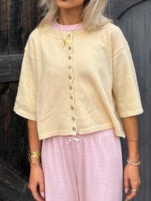 Women Short Sleeve Cardigan Button Down Open Front Knit Crew Neck Sweater Tops Oversized Lightweight Cardigans - Yellow - View 2