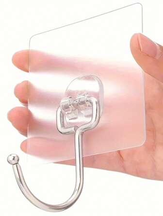 5/8/18/28pcs- Powerful Adhesive Transparent Pull Hooks, Hole-Less Metal & PVC, Odorless, No Power/Battery Needed, Waterproof, Drill-Free, Wallpaper-Safe Hooks For Bathroom, Kitchen, Home - Multi Purpose Storage Hooks