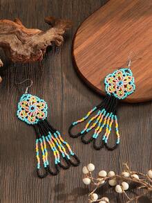 Handmade Beaded Earrings Bohemian Style Vintage Dangle Tassel Earrings Fashion Hollow Green Flower Cute Style Earrings Daily Vacation Versatile Spring Summer New All-Year Wearable Women's Fashion Accessories Mother's Day Valentine's Day Thanksgiving Holiday Gift Choice - Blue Hollow Flowers - View 3