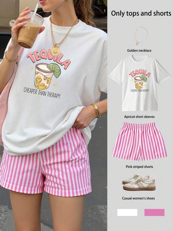 Set da donna con top oversize a maniche corte stampato TEQUILA e pantaloncini a righe, top, abbigliamento estivo, a maniche corte