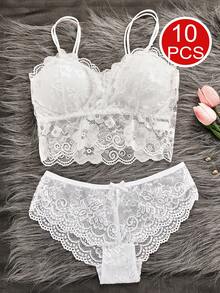 10 Pieces Of Mixed Color Women's Lace Floral Panties Lace Trim Splicing Comfortable And Breathable Women's Panties Daily Versatile Size S-L Optional Wear All Year Round 95% Cotton - 混色10件裝 - 查看 4