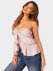 Women's Fashion Solid Color Camisole Pink Lace-Up Ruffled Suspender Tank Tops