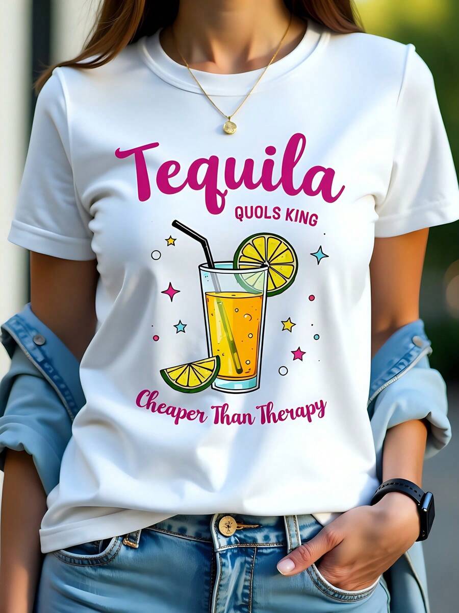 Camiseta blanca de mujer de algodón 180g con estampado divertido "Tequila Quols King, Cheaper Than Therapy", cuello redondo y manga corta, ideal para fiestas y verano - Estilo casual y cómodo. - Blanco - Ver 1