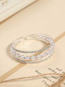 1 pièce Bracelet élastique avec 3 rangs de cristaux artificiels et de perles, de conception européenne et américaine, élégant pour les mariées et les mariages