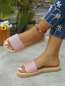 大码女式 36-43 平底凉鞋圆头低跟波西米亚风格平底拖鞋，舒适一脚蹬休闲夏季平底女士凉鞋，粉色 - 粉紅色-布面細紋 - 查看 6