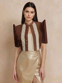 1 Piece Of Women's Elegant Bubble Sleeve Short Sleeved Shirt Top Bolero Filipiniana For Women - Brown - View 4