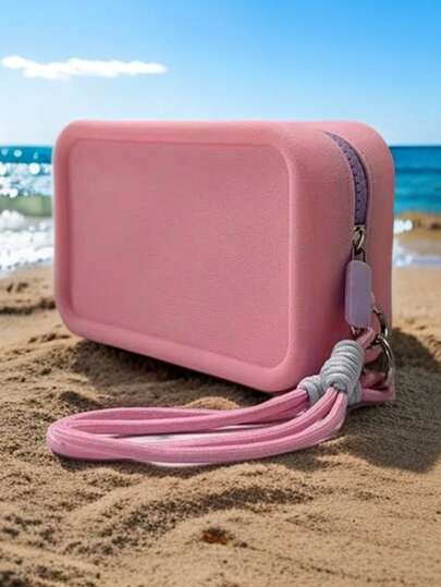 1个硅胶化妆包，带提手，圣诞礼物/女士礼物/大容量防水收纳袋，沙滩包，女士沙滩包，沙滩手拿包，大号沙滩包，手提包，洗漱包/女士洗漱包，收纳包，创意撞色手提包，简约便携硅胶化妆包，口红包，化妆品收纳拉链袋，圣诞礼物，女士礼物推荐，收纳袋，化妆包，旅行必备