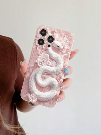 2D Printed White Snake & Pink Flower Pattern Soft TPU Phone Case, Shockproof, Portable, Compatible With Apple 16 15 14 13 12 11 Pro Max / A07 A17 S25 S24 S23 / Redmi / OPPO / Realme / Infinix
