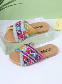 1 par de sandalias planas de moda para niñas en verano, diseño de estilo cruzado, adecuadas para varias ocasiones y sesiones de fotos