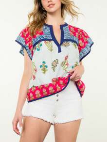Women Y2K Floral Patchwork Fly Sleeve T Shirts V Neck Loose Fit Striped Trim Vest Shirts Summer Casual Going Out Tank Tops Party Streetwear - 紅白色 - 查看 3