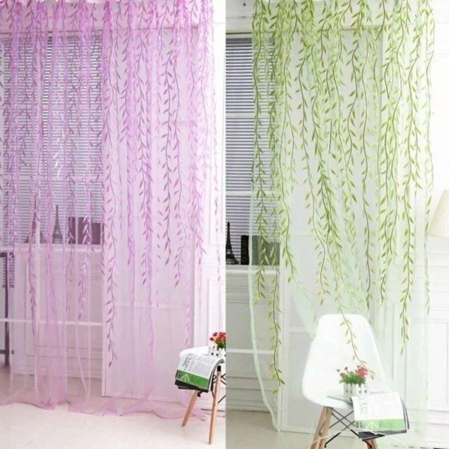 Cortinas decorativas de hojas de sauce, estilo Pastoral, Floral, para ventana, dormitorio, sala de estar, 1 par - Morado - Ver 1