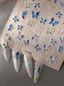 1pc 3D Metallic Blue Butterfly Nail Art Sticker, Nail Decor For New Year, Wedding, Party