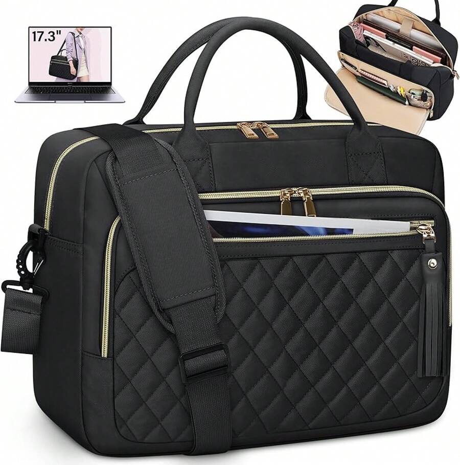 Bolsa para Laptop Mujer 17.3 Pulgadas Maletin para Laptop Impermeable Portafolios para Laptop bolsa para computadora, para Oficina, Negocios, Viajes, Universidad, Negro - Negro - Ver 1