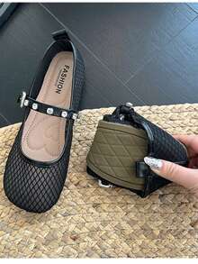 2025 Summer New Round Toe Niche Fishnet Hollow Ballet Flats For Women, Leather Buckle Mary Jane Shoes, Solid Color Punk Cute Buckle Ladies Fashion Flat Shoes For Holiday, Wedding, Party, Office, Indoor & Outdoor, Spring & Autumn