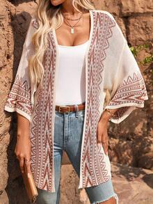 Plus Size Flare Sleeve Color Blocking Boho Style Cardigan - Apricot - View 5