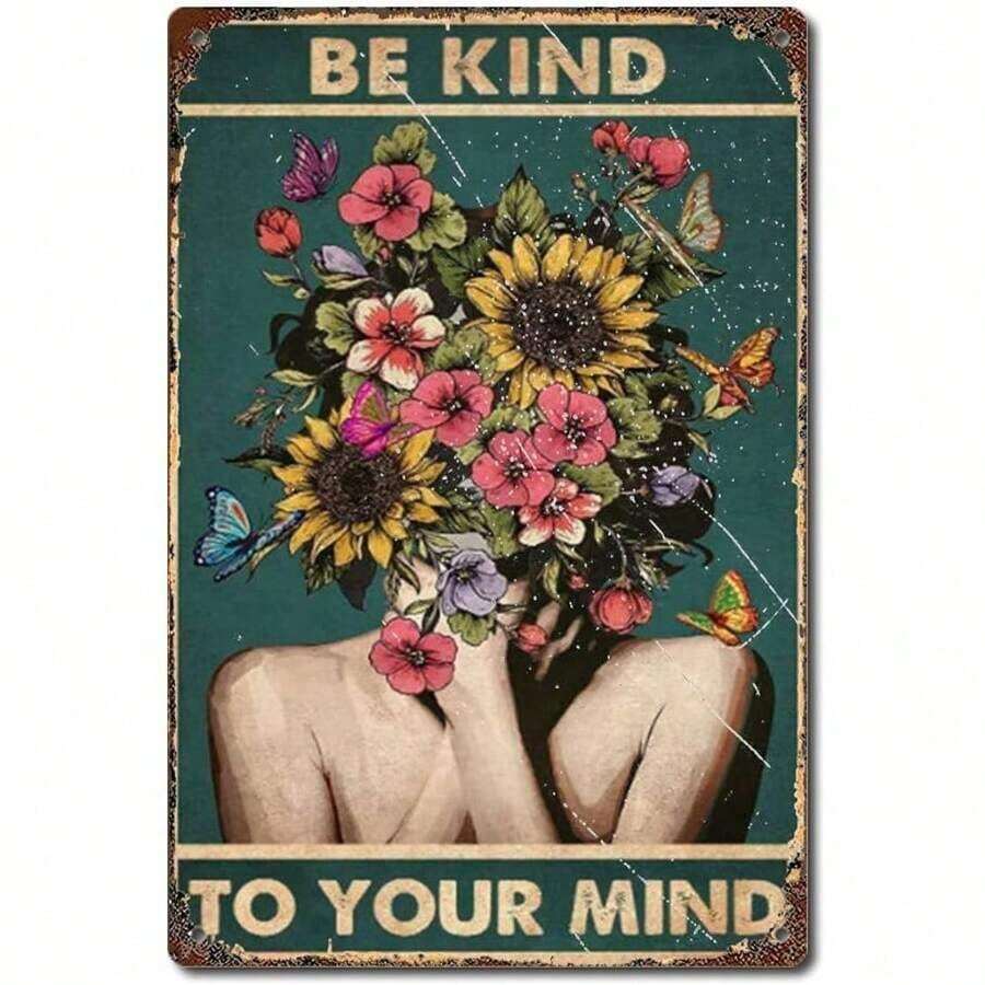 1pc Pot Poster, Be Kind To Your Mind, Girl Power, Flower, Botanical Print,Antique Tin Signs, Retro Posters Bar Pub Wall Decor-8x12inch(20x30cm) - 彩色 - 查看 1