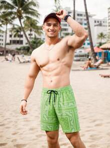 Sunga de Banho de Secagem Rápida com Estampa Floral Masculina - Shorts de Praia Casuais de Poliéster com Bolsos e Cordão na Cintura, Adequado para Verão, Piscina e Atividades ao Ar Livre