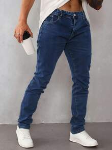 Pantalones vaqueros ajustados para hombre de color azul, estilo clásico y versátil, ideal para looks casuales y formales - Azul lavado medio - Ver 1