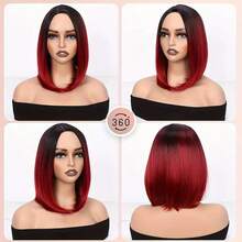 Red Ombre Short Bob Wig 14 Inch Straight Synthetic Hair For Women Natural Looking Party Cosplay Wig - Burgundy - View 2