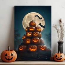 1 Piece, Halloween Pumpkin Pile With Different Expressions, Background With Moon And Bats, Retro Frameless Art Decoration Painting, Printed Poster Mural, Waterproof Canvas, Suitable For Home, Office, Bedroom, Living Room, Study, Bathroom, Bar, Mural And Home Decoration, Is An Ideal Holiday Gift