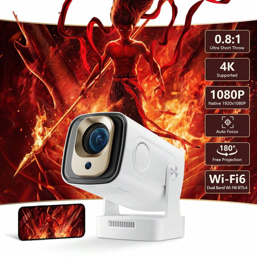 BAXBEY HY260 Pro Mini Projector, 4K Support, 1080P Autofocus Projector, Automatic Keystone Correction, Android Home Theater Smart Projector With WiFi6 BT5.4, 180° Rotatable Portable Projector, 2025 New Video Projector - EU E Type Plug(220-240V) - View 1