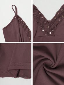 Y2K风格纯色深V领细肩带露背修身性感蕾丝吊带背心，街头风毕业季上衣，适合夏季海滩、约会、音乐节、演唱会和7月4日独立日庆祝活动等休闲场合。 - 咖啡棕 - 查看 10