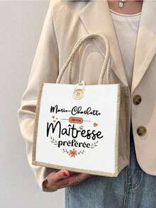 法式印花化妆包、教师主题手提包和化妆包套装、女士伴娘个性化婚礼礼品包、字母印花托特包配化妆包、海滩度假风格卡片套装字母购物袋 - 彩色 - 查看 5