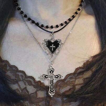 3 件套复古哥特式黑珍珠花心十字架项链套装，Y2K 女士项链首饰套装