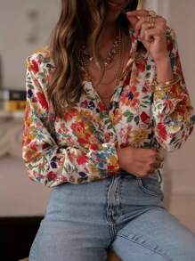 Camisa casual solta, de manga longa, com estampa floral elegante, de temperamento de férias, para mulheres plus size