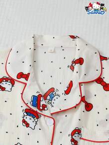 官方授权 2 件套女士迷你圆点 Sanrio Hello Kitty Polo 领短袖纽扣口袋上衣和蝴蝶结裤睡衣、家居服、春夏