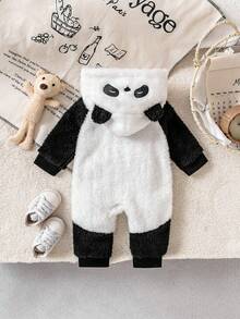 1pc Infant Panda Hooded Romper, Long Sleeve Plush Jumpsuit With Pockets & Zipper, Fashionable Design Suitable For 0-9 Months Baby