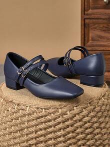 MonaNise Women's 3cm Cloth Heeled Black Fashion Versatile Navy Blue, Coffee, Burgundy Chunky Heel Mary Jane Shoes, All Season - Navy Blue - View 3