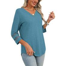 XIEERDUO 3/4 Length Sleeve Womens Tops Dressy Casual Blouses For Women 2025  V Neck T Shirts Summer Clothes - Turquoise - View 4